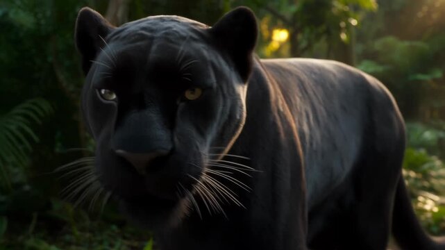 Majestic black panther walking in lush jungle path with intense direct gaze close-up video footage