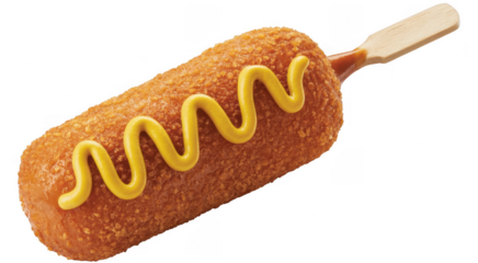 Corn dog on a stick with yellow mustard hot dog fried food isolated on a transparent background