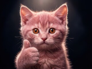 Fototapeta premium Adorable pink kitten with amber eyes giving a thumbs-up against a dark black background. Playful, charming, and whimsical portrait with soft spotlight lighting.