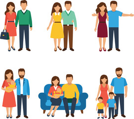 Obraz premium Flat vector set of diverse family life stages including young couples with newborn babies and parents with small children
