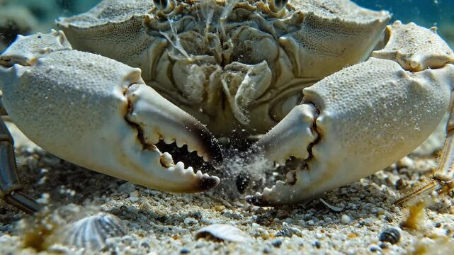 Close up of a large crab with powerful claws on a sandy seabed underwater