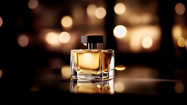 A closeup shot of a perfume bottle on a reflective surface. The bottle is rectangular with a black cap and a goldcolored liquid inside. The liquid appears to be amber in color.