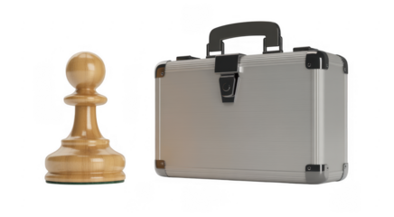 Chess piece and metal briefcase on black pawn silver isolated on a transparent background