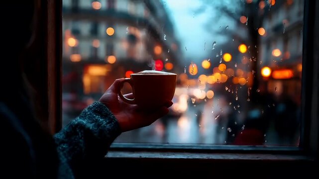 Paris, France, Europe. A hand holding a cup of coffee is seen through a window with raindrops on it, set against a blurred cityscape at night.
