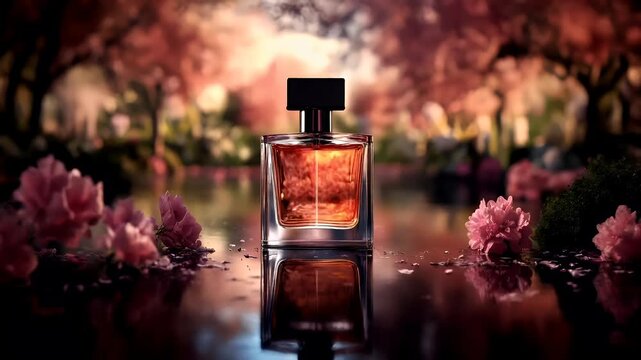 A closeup of a perfume bottle with a reflective surface, set against a backdrop of a blooming garden. The bottle is rectangular with a black cap and a transparent glass body.