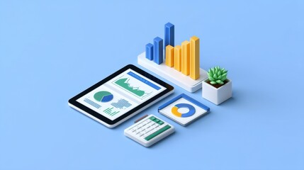 Modern business analytics with charts, graphs, and data on tablet, featuring plant decoration in minimalistic office space and vibrant color palette