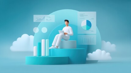 Modern Business Concept Featuring a Male Figure Analyzing Data on a Tablet with Charts and Graphs in a Minimalist 3D Style