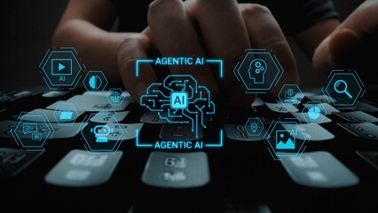 Hands typing on keyboard with digital interface overlay showcasing artificial intelligence concepts and applications in technology and automation settings Gluon.