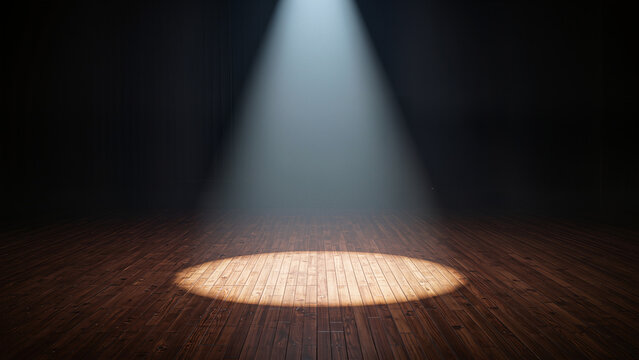 stage with shadows, spotlight on wooden stage highlighting contrasting shadows and anticipation