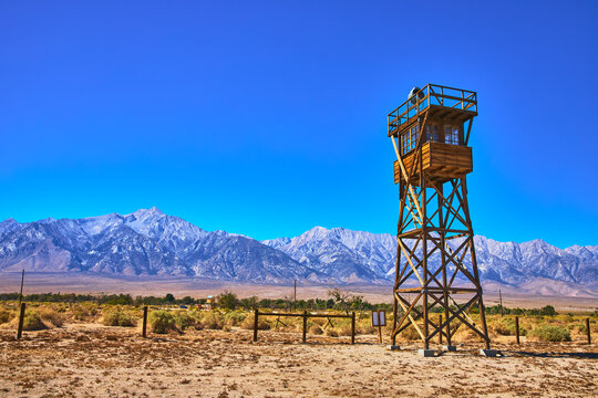 Manzanar Guard Tower with Eastern Sierra Mountains and California Desert Landscape