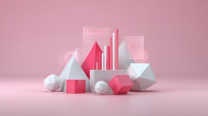 Abstract arrangement of geometrical shapes in pink and white tones with a technological background and modern aesthetic for creative design projects