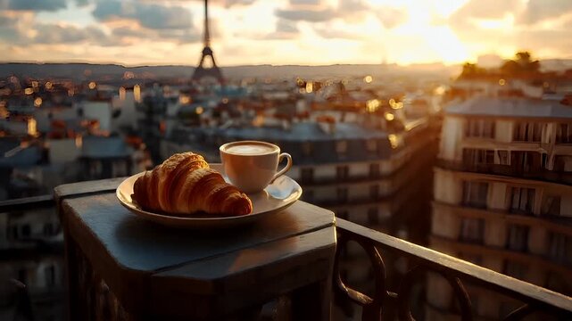 Paris, France, Europe. Aerial view of Paris during sunset with Eiffel Tower and cityscape in the background. The foreground features a wooden table with a croissant and a cup of coffee on it.
