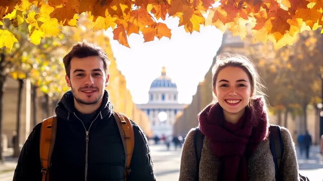 Paris, France, Europe. A man with a beard and wearing a black jacket and brown backpack stands against a backdrop of autumnal trees with yellow and orange leaves.