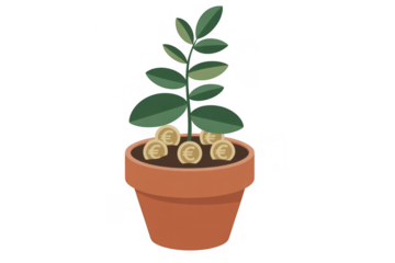 Potted Plant with Euro Coins green leaves brown pot isolated on a transparent background