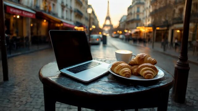 Paris, France, Europe. A closeup shot of a laptop on a table with a plate of croissants and a cup of coffee.