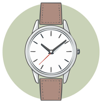 Elegant wristwatch illustration with brown leather band and white face in a light green circle