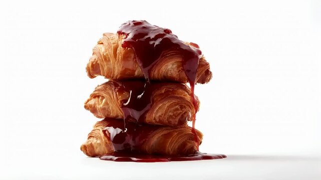 Paris, France, Europe. A closeup of a stack of croissants with a glossy, red berry sauce. The background is a plain white surface, and there is no text or other objects in the image.
