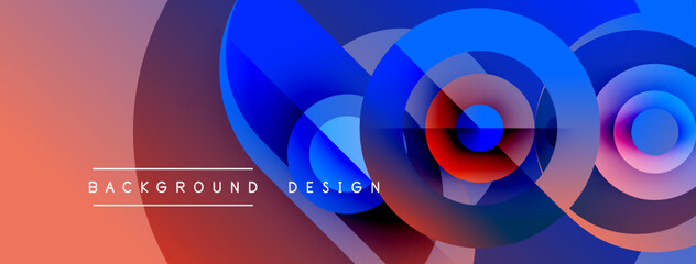 Obraz premium Abstract design features overlapping circles, vibrant colors. Gradient blends from orange to blue create dynamic visual effect. Modern background.