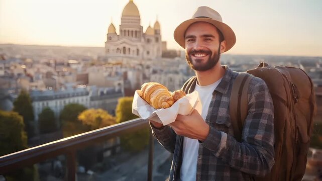 Paris, France, Europe. A man with a hat and backpack holds a croissant against a backdrop of a cityscape during sunset. The man is wearing a white tshirt and a checkered shirt.
