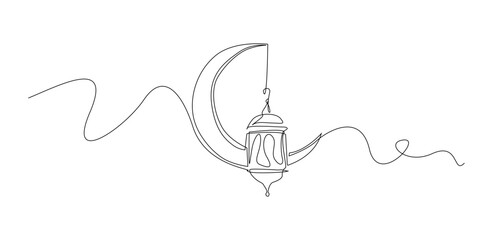 Hand drawn continuous line illustration of Ramadan lantern with crescent moon. Single line artwork created for Ramadan celebration, Islamic holiday, and spiritual night concepts. © bakullogo