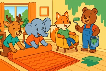 Obraz premium Cute Animal Friends Collaborate on a Fun Home Makeover Project