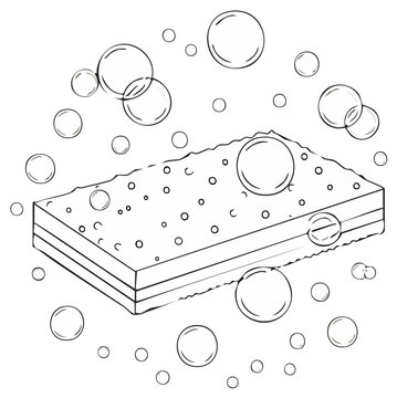 Black and white line drawing of a porous cleaning sponge surrounded by floating soap bubbles