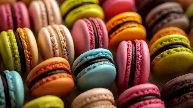 Paris, France, Europe. A closeup view of a variety of macarons, showcasing their vibrant colors and intricate details. The macars are displayed in a row.