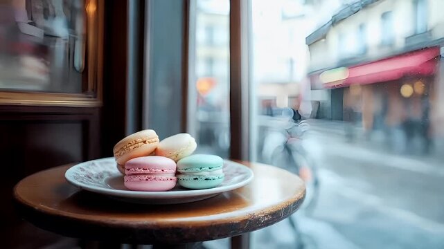 Paris, France, Europe. A closeup shot of a table with a plate of pastelcolored macarons on it, set against a window overlooking a city street. The scene is captured with a shallow depth of field.
