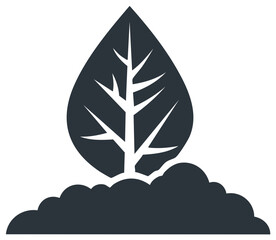 Stylized dark gray leaf plant icon emerging from rich soil showing growth concept