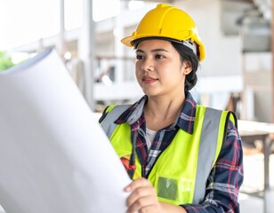 Asian woman engineer reviewing blueprints at construction site