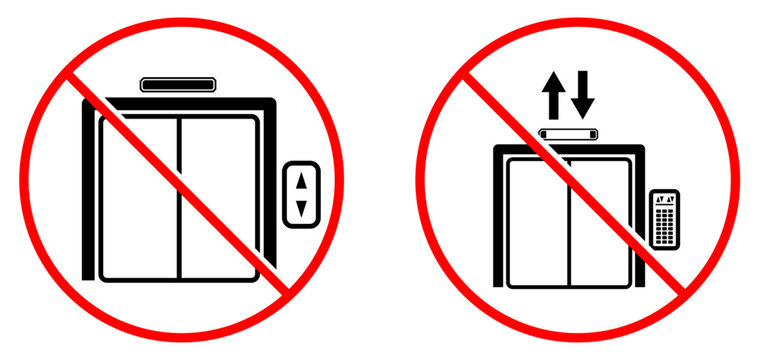 No Elevator Access Symbol: A red circle with a diagonal line crossing through an elevator, signaling that the elevator is not available or accessible.