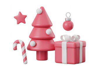 Pink Christmas tree and decorations pink decorations isolated on a transparent background