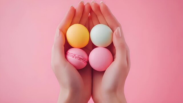 Paris, France, Europe. A closeup image of a persons hands holding colorful macarons against a pink background.
