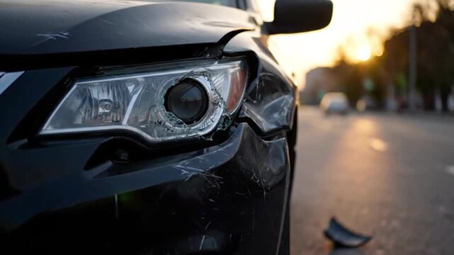 Black Car With Front-End Damage After Collision Showing Crumpled Bumper and Shattered Headlight