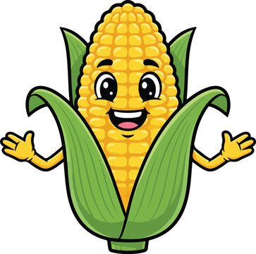 A happy cartoon corn character emerges from its husk with a wide smile and welcoming gesture