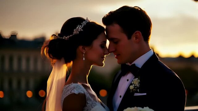 Paris, France, Europe. A silhouette of a couple on a balcony during sunset, with a cityscape in the background. The bride and groom are captured in a close embrace.
