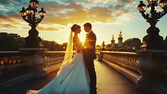 Paris, France, Europe. A wedding couple on a bridge during sunset, with the sun casting a golden hue over the scene. The bride and groom are captured in a romantic pose.
