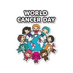 Naklejka premium Diverse children united around the globe for World Cancer Day, symbolizing global cancer awareness and community support, raising health consciousness