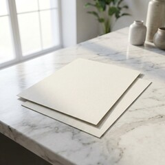 Blank white paper sheets on a marble kitchen counter with natural light.