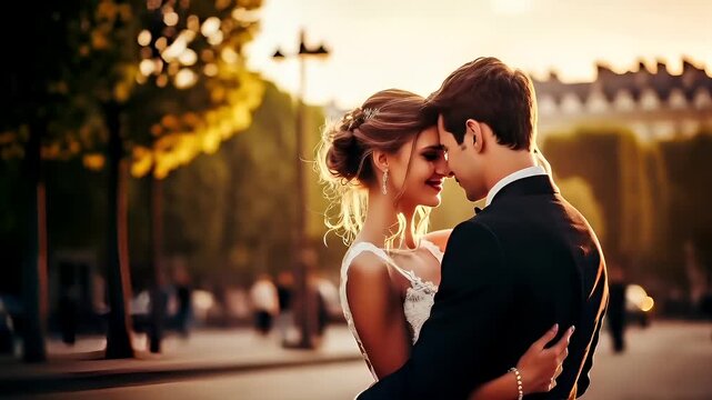 Paris, France, Europe. A romantic wedding couple captured during sunset in front of the Arc de Triomphe in Paris, France. The bride and groom are in a close embrace.