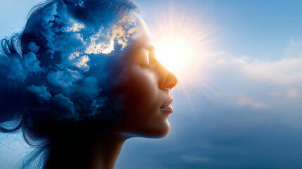 Conceptual double exposure blending female head silhouette with ethereal clouds and sunshine, symbolizing psychological health, mental wellness journey, emotional therapy, anxiety 