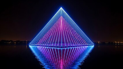 Vibrant neon pyramid sculpture reflecting on calm water surface at night