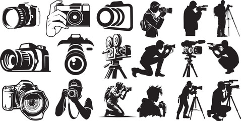 A diverse collection of black and white camera illustrations and a silhouette of a photographer in action