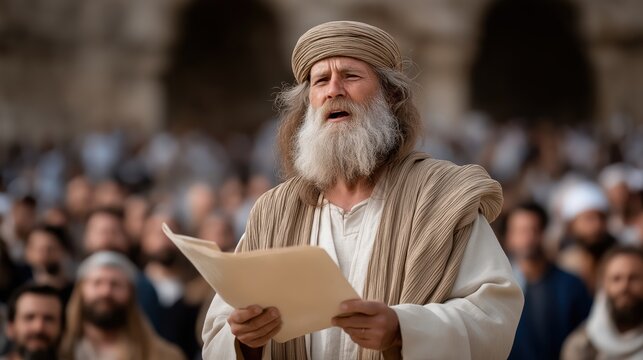 Ezra reads the Law to the gathered people at sunrise, symbolizing reverence for God&rsquo;s word, spiritual renewal, and the restoration of faith among the people.