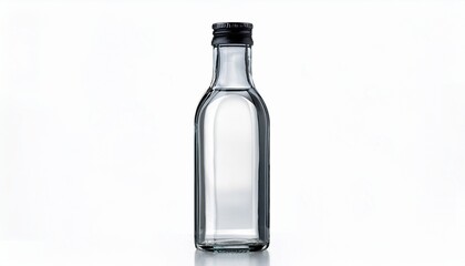 high quality clear glass bottle with a black cap isolated on a white background perfect for beverage storage or decor purposes