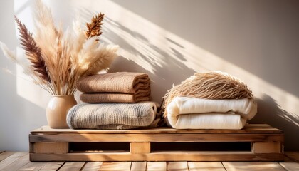 stacked neutral blankets on wooden crates with sunlight and dried floral decor