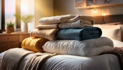 stacked quilts and bedding on a bed in a warmly lit bedroom