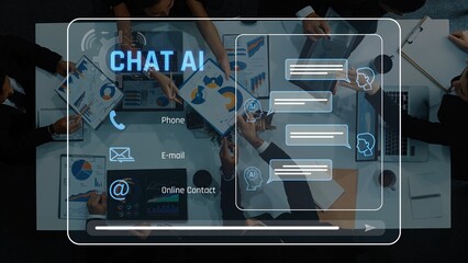 A group of professionals collaborating in an office setting, utilizing chat AI technology and data visualization tools for effective communication and teamwork. Raster