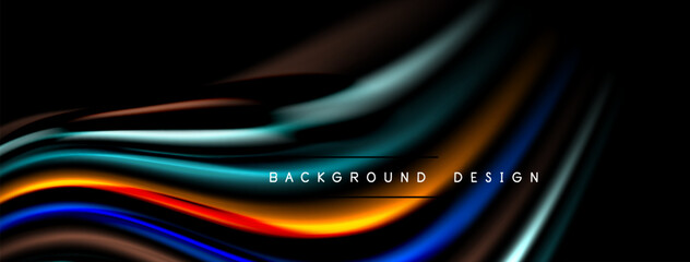Fototapeta premium Abstract flowing lines create vibrant, modern background. Colors blend, forming dynamic visual texture. Dark backdrop enhances luminosity.