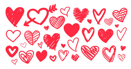 Vector illustration of red hand drawn hearts. Cute doodle isolated elements
